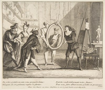 Pierrot og Scaramouche viser portrettet av Harlequin.n.d. Skapere: Claude Gillot, Jacques Gabriel Huquier. av Claude Gillot, Jacques Gabriel Huquier
