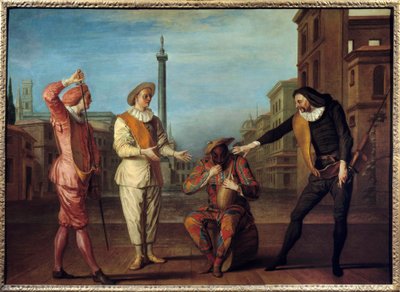 Comedia dell'Arte: "" Graven til Mester Andre""" Illustrasjon av komedien til Brugiere de Barante inspirert av fabelen "L'oyre et les deux litideurs"" av Jean de la Fontaine. Mezzetin og Scaramouche kjemper o av Claude Gillot