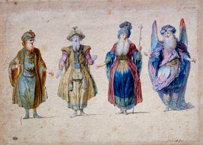Fire prester av teater Aquarelle av Claude Gillot (1673-1722) Paris, Musee du Louvre av Claude Gillot