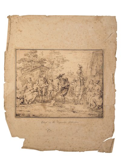 Les quatre âges de la vie: Syv figurer i en hage, en graver med en spade (penn og brunt blekk) av Claude Gillot