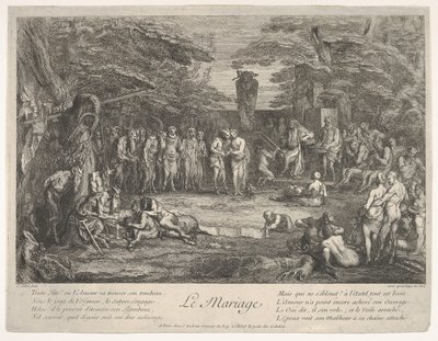 Ekteskapet Le Mariage: i en skog gifter en gammel satyr seg med den forlovede i cen..., ca. 1700-1720. av Claude Gillot