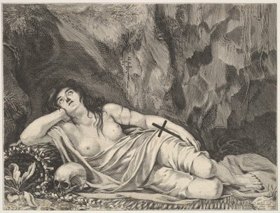 St. Maria Magdalen liggende i en grotte. av Claude Goyrand