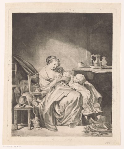 Interiør med en sittende kvinne som mater barnet sitt av Claude Henri Watelet