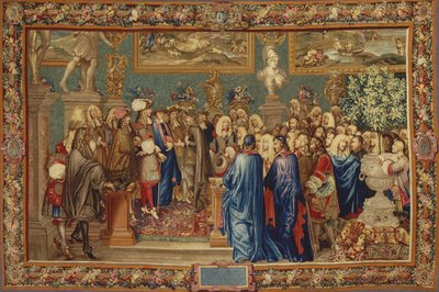 En audiens gitt av Ludvig XIV til greven av Fuentes... ved Louvre, 24. mars 1662, ca 1730. av Claude I, Ballin