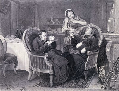 Etter middag: To prester tar kaffe og fordøyelse, servert av hushjelpen deres. av Claude Jacquand