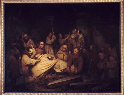 Greven av Comminges. Siste scene av minnesmerkene til greven av Comminges som representerer greven av Comminges som anerkjenner Adelaide etter hans død. Maleri etter romanen av Francois de Baculard d
