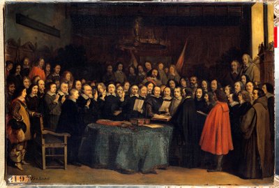 Freden i Westfalen, edsavleggelsen etter ratifiseringen av freden mellom spanjolene og Needlanders, ved rådhuset i Munster 15.05.1648. De avsluttet trettiårskrigen. Maleri av Claudius Jacquand av Claude Jacquand