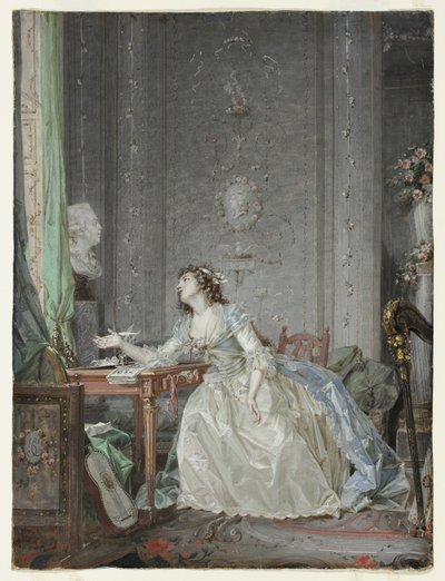 Interiør med et portrett av en ung dame før en byste av Claude Jean Baptiste Hoin