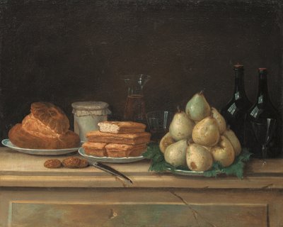 Pærer og brød på tallerkener, med flasker vin og glass på en steinhylle (olje på lerret) av Claude Joseph Fraichot