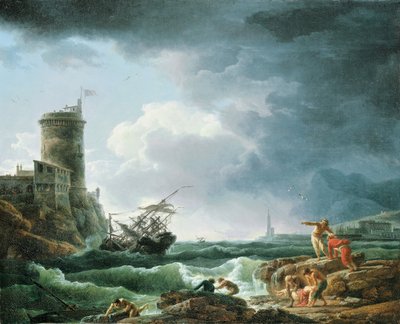 En storm med skipsvrak ved en festning, en castaway i forgrunnen, 1769 av Claude Joseph Vernet