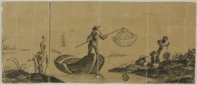Chinoiserie med mann som fisker fra båt, kvinne og barn står på land av Claude Joseph Vernet