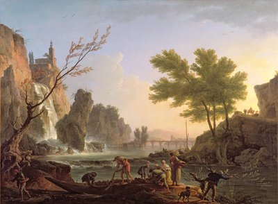 Fisker i et landskap med en kaskade og en bro av Claude Joseph Vernet