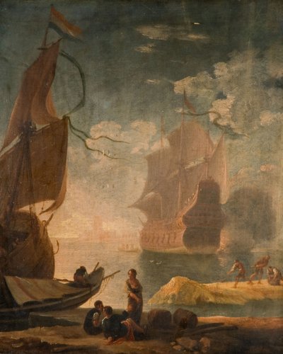 Havnescene med krigsmann og figurer på en kai, 1825. av Claude Joseph Vernet