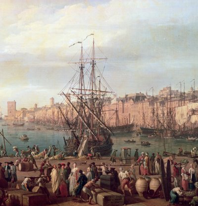 Morgenutsikt over den indre havnen i Marseille og paviljongen til Horloge du Parc, 1754 (detalj av 156103) av Claude Joseph Vernet