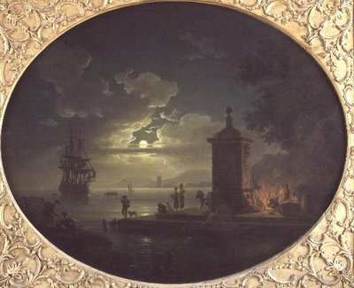 Natt: Et månebelyst kystlandskap med Fisherfolk ved en ild på en kai, en krigsmann bortenfor av Claude Joseph Vernet