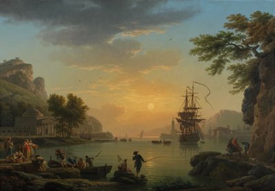 ""Landskap ved solnedgang med fiskere som vender tilbake med fangsten" Maleri av Claude Joseph Vernet (1714-1789) Olje på lerret 1773 Dim 114,5x164 cm National Gallery, London av Claude Joseph Vernet