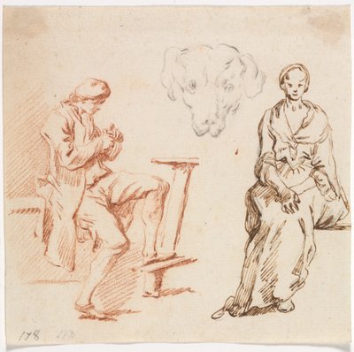 Studieark: Sittende mann, hundehode, sittende kvinne av Claude Joseph Vernet