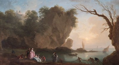 Solnedgang: Utsikt over en bukt med figurer av Claude Joseph Vernet
