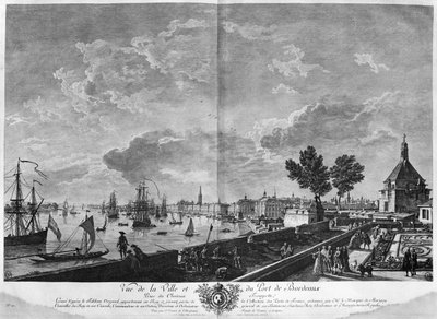 Utsikt over byen og havnen i Bordeaux sett fra Chateau Trompette, serie av "Les Ports de France", gravert av Charles Nicolas Cochin den yngre av Claude Joseph Vernet