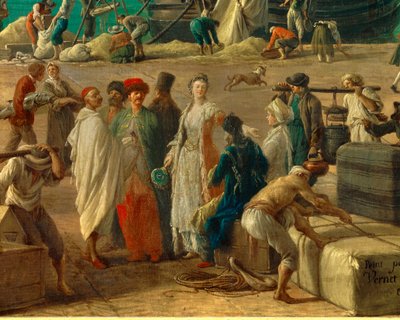 detalj av: Havnen i Marseille på 1700-tallet”” Detalj som representerer lossing av varer. Maleri av Joseph Vernet (1714-1789) Paris fra 1700-tallet. Marinemuseum av Claude Joseph Vernet