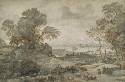 Landskap med Kristus som forkynner bergprekenen (penn og brunt blekk med grå vask på papir) av Claude Lorrain
