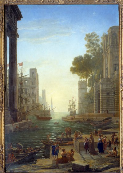 Landskap med båten til Saint Paula Romana ved Ostia. Saint Paula forlater barna sine for å reise til Det hellige land. Lerret, 211 x 145 cm - Boarding fra Sainte Paule til Ostia. St. Paule (347-404 eller 407), romersk enke, disippel av Saint Hieronymus. Ma av Claude Lorrain