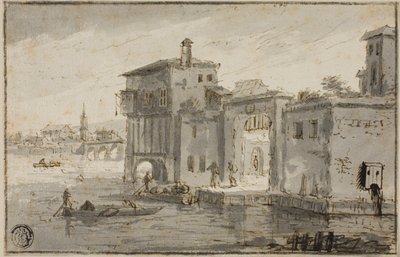 Bygninger ved siden av lagunen av Claude Lorrain