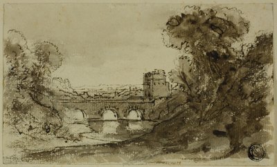 Italiensk elvelandskap med bro med tårn av Claude Lorrain