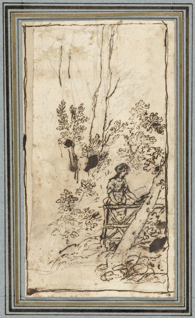 Ung kvinne som står ved et gjerde i en skog Studier av dyr fra Dyrealbumet. (serietittel) av Claude Lorrain