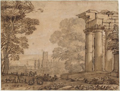 Landskap med ruiner, pastorale figurer og trær av Claude Lorrain