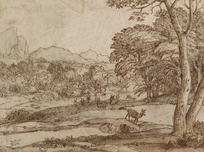 Landskap med en flokk hjort, 1666 (svart kritt, gnidd, med penn og brunt blekk på farget off-white papir) av Claude Lorrain