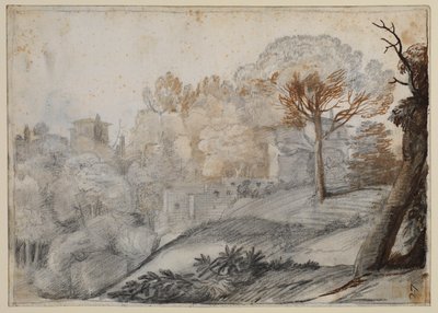 Landskap med trær og bygninger av Claude Lorrain