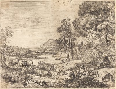 Hyrde og gjeterinne samtaler i et landskap (Berger et bergère conversant) av Claude Lorrain