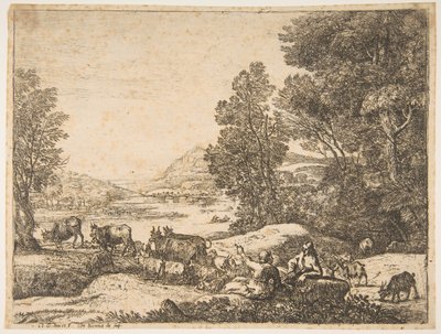 Hyrde og gjeterinne samtaler i et landskap, ca. 1651. av Claude Lorrain