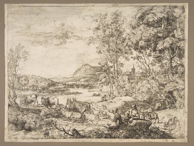 Hyrde og gjeterinne samtaler i et landskap, ca. 1651. av Claude Lorrain