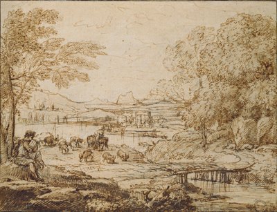 Ungdom som spiller et rør i et pastoralt landskap, ca. 1640-tallet av Claude Lorrain