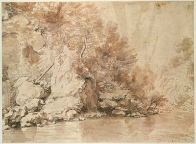 En studie for et landskap (penn og bistre og vask på papir) av Claude Lorrain