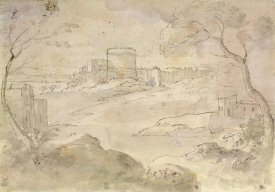 Landskap med en befestet by (blekk og vask på papir) av Claude Lorrain
