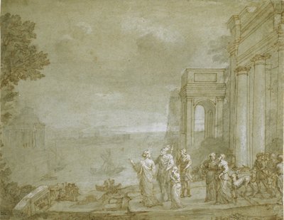 Utsikt over Kartago med Dido og Aeneas, 1676 (penn og blekk med vask og kritt, forhøyet med hvitt på papir) av Claude Lorrain