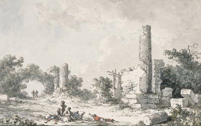 Ruinene av Temple of Castor og Pollux, Agrigento, med kunstnere som skisserer av Claude Louis Chatelet