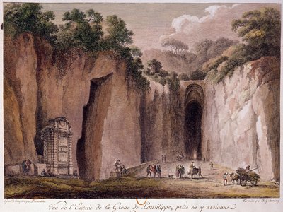 Utsikt over hulen Pausilippe (Posillipo) (eller "Grotta Vecchia"), nær Napoli. tegning av Chatelet av Claude Louis Chatelet