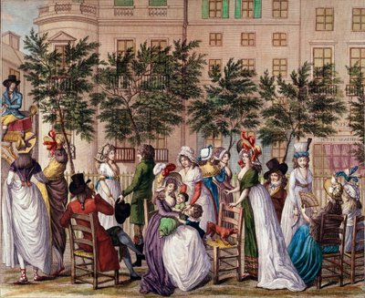 Mote under ledelsen: «Le petit Coblenz», promenaden Boulevard des Italians i Paris. Litografi av Claude Louis Desrais (1746-1816) 1798. Paris, Musee Carnavalet av Claude Louis Desrais