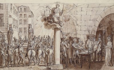 Enken Morin og hennes datter Angelique Delaporte ved Conciergerie og straffet med å bli lenket offentlig for forbrytelsen utpressing med vold av underskrifter, 1812 (penn, blekk og vask på papir) av Claude Louis Desrais