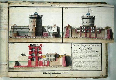 Atlas 131 F fol.85 Tverrsnitt og forhøyninger av Chapus Fort, fra Traite de Fortifications, ca. 1720 av Claude Masse