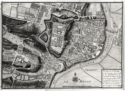 Atlas 131 F fol.8 Kart over Saintes, hovedstaden i Saintonge, fra Recueil des Plans de Saintonge, 1716 (penn og blekk og wc på papir) av Claude Masse