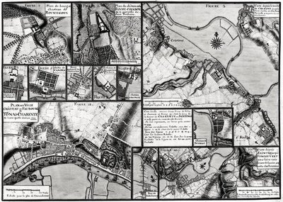 Fol.7 & 98 Kart over byene og slottene som ligger langs elven Charente i 1714, fra Recueil des Plans de Saintonge (penn og blekk og wc på papir) av Claude Masse