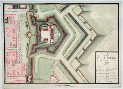 Fort of Saint-Sauveur, Lille, i 1728, fra 'Traite de Fortifications' (penn og blekk og wc på papir) av Claude Masse