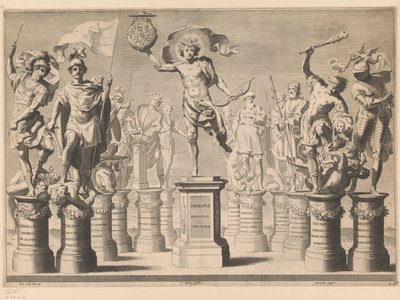 Allegori til ære for House of Savoy med legendariske figurer på sokkel av Claude Mellan