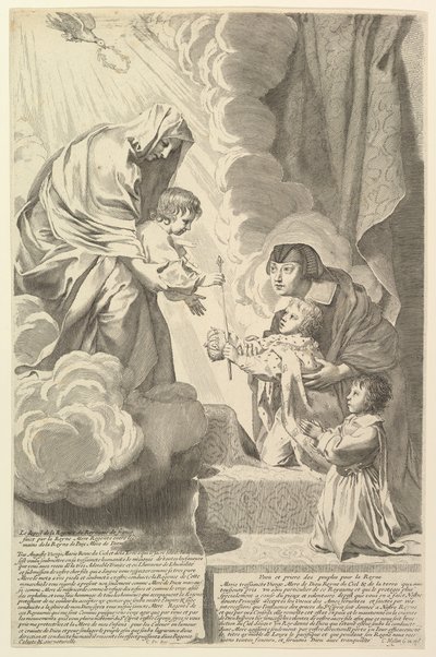 Anne av Østerrike med den unge Ludvig XIV og Monsieur før jomfruen og barnet Anne dAutr.... av Claude Mellan
