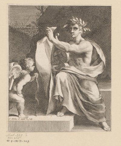 Apollo setter en amor Tittelside for: Eremitten François Tristan Sieur du Soliers, The Loves of Tristan, 1638 av Claude Mellan